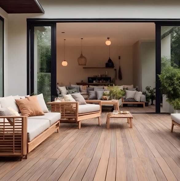 Terrasse en bois clair avec mobilier salon extérieur en teck. Larges baies vitrées ouvrent sur un intérieur cozy au design moderne.