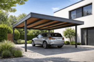 Carport aluminium gris à toit plat et plafond bois abritant un SUV devant une maison blanche au design contemporain et jardin paysager.