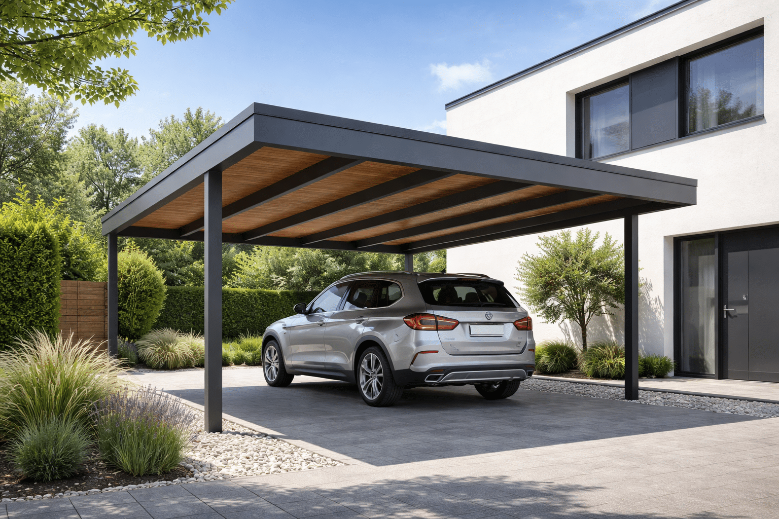 Carport aluminium gris à toit plat et plafond bois abritant un SUV devant une maison blanche au design contemporain et jardin paysager.