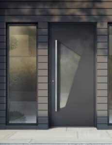 Porte d'entrée moderne gris anthracite avec vitre givrée géométrique, longue poignée inox et panneau latéral vitré.